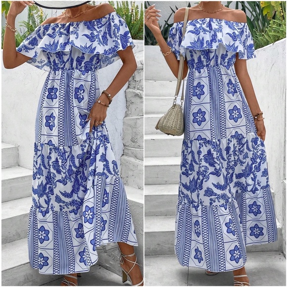 BellanBlue Dresses & Skirts - Boho Floral Tropical Print Off Shoulder Maxi Dress